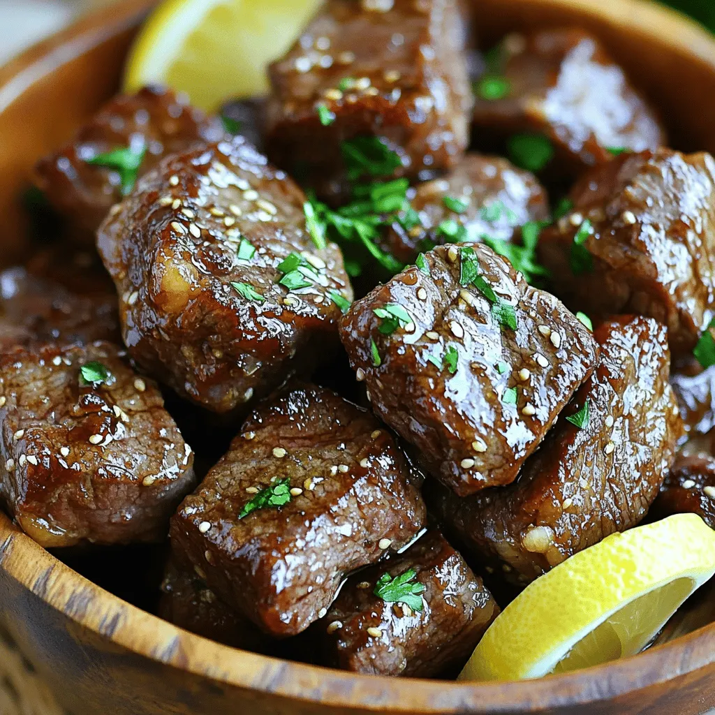 To make marinated steak bites, you need a few key ingredients. Start with 1 pound of sirloin steak. Cut it into bite-sized pieces. This cut has good flavor and tenderness. Next, you will need 1/4 cup of soy sauce. This adds salt and umami. You