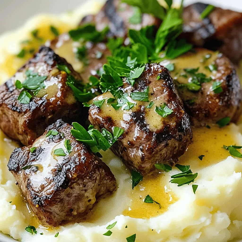 For the garlic butter steak bites, you will need: - 1 pound sirloin steak, cut into bite-sized cubes - 4 tablespoons unsalted butter - 4 cloves garlic, minced - 1 teaspoon fresh rosemary, chopped - 1 teaspoon fresh thyme, chopped - Salt and pepper to taste