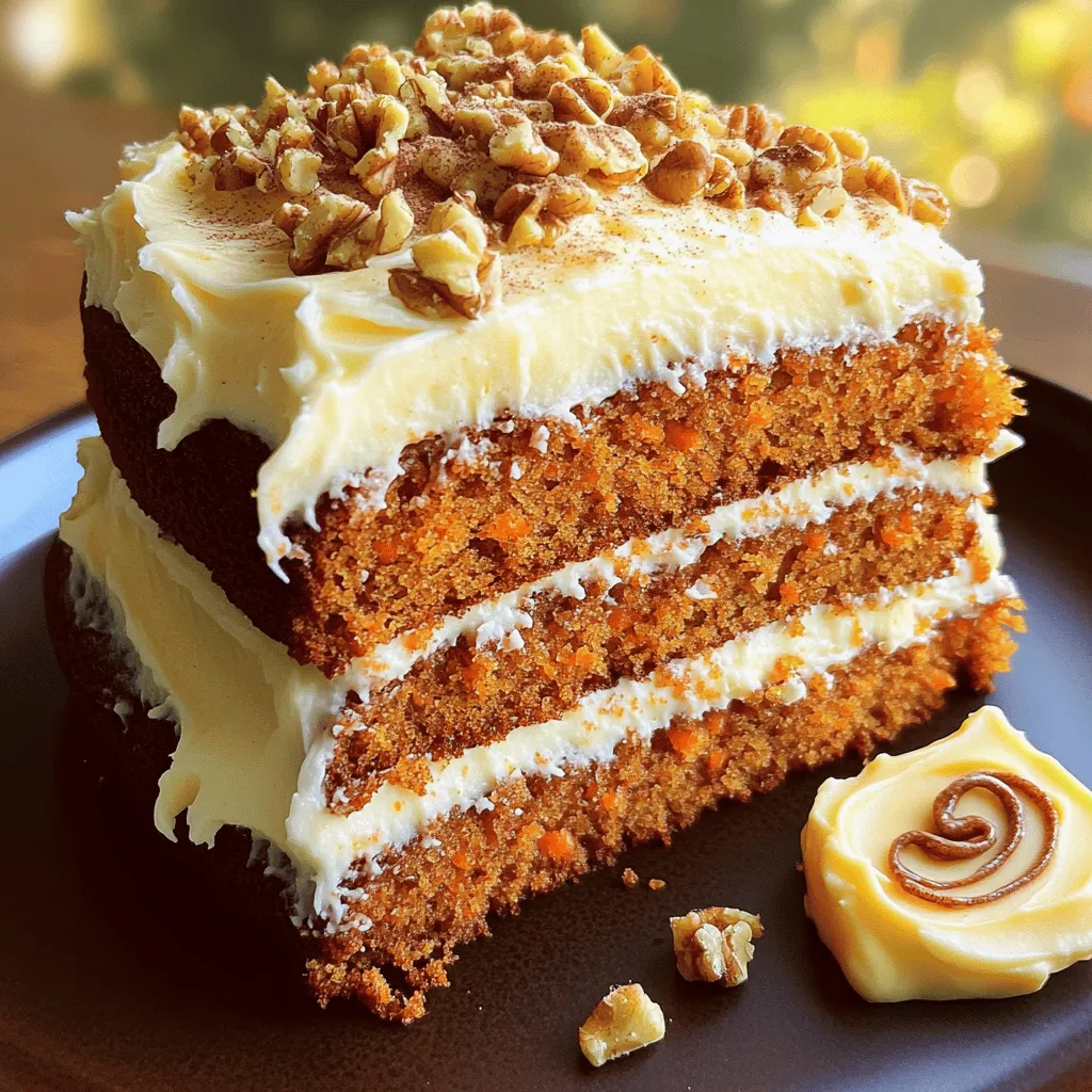 For the perfect carrot cake, gather these key items: - 2 cups all-purpose flour - 2 cups granulated sugar - 1 teaspoon baking powder - 1 teaspoon baking soda - 1 teaspoon ground cinnamon - 1/2 teaspoon ground nutmeg - 1/2 teaspoon salt - 4 large eggs - 1 cup vegetable oil - 3 cups grated carrots (about 4 large carrots) - 1 cup crushed pineapple, drained - 1 cup chopped walnuts or pecans (optional) - Cream cheese frosting (for topping)