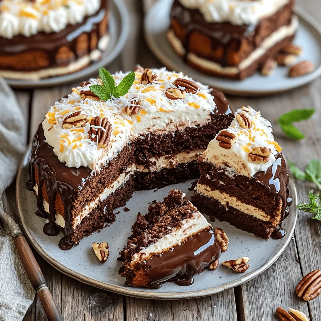 The German Chocolate Poke Cake starts with a few key ingredients. The base is a rich German chocolate cake mix. This mix gives the cake its unique flavor. You also need water, vegetable oil, and eggs to make the cake batter.