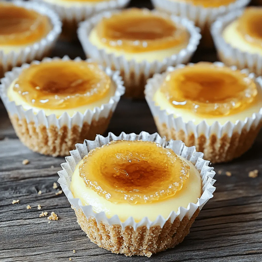 Mini crème brûlée cheesecakes are small, creamy desserts that blend cheesecake and crème brûlée. Each mini cheesecake offers a smooth filling and a crisp, caramelized top. This dessert differs from traditional cheesecakes because of its unique brûlée layer. The top is crunchy, while the inside is soft and rich.