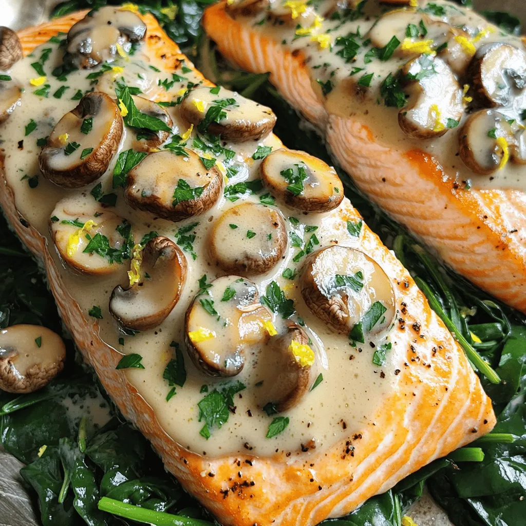 To make creamy garlic mushroom salmon, you need simple, fresh ingredients. Start with four salmon fillets. They provide rich flavor and healthy fats. Next, get two cups of sliced button mushrooms. They add great texture and taste. You will also need four cloves of minced garlic for a strong flavor boost. Heavy cream, half a cup, creates the creamy sauce that makes this dish special. Add two tablespoons of olive oil for cooking and one tablespoon of fresh lemon juice for brightness. Dried thyme, salt, and pepper enhance the taste too. Finally, chop up some fresh parsley for garnish.