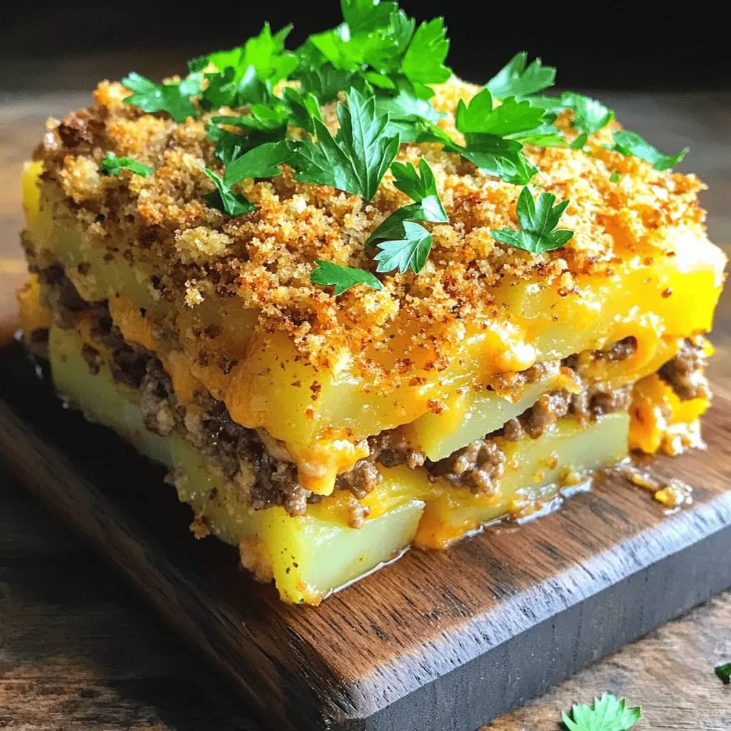 To make a loaded potato casserole recipe, you need some key ingredients. First, use 4 large russet potatoes. They are starchy and creamy, perfect for this dish. Next, you’ll need 1 pound of ground beef. This adds heartiness to your casserole.