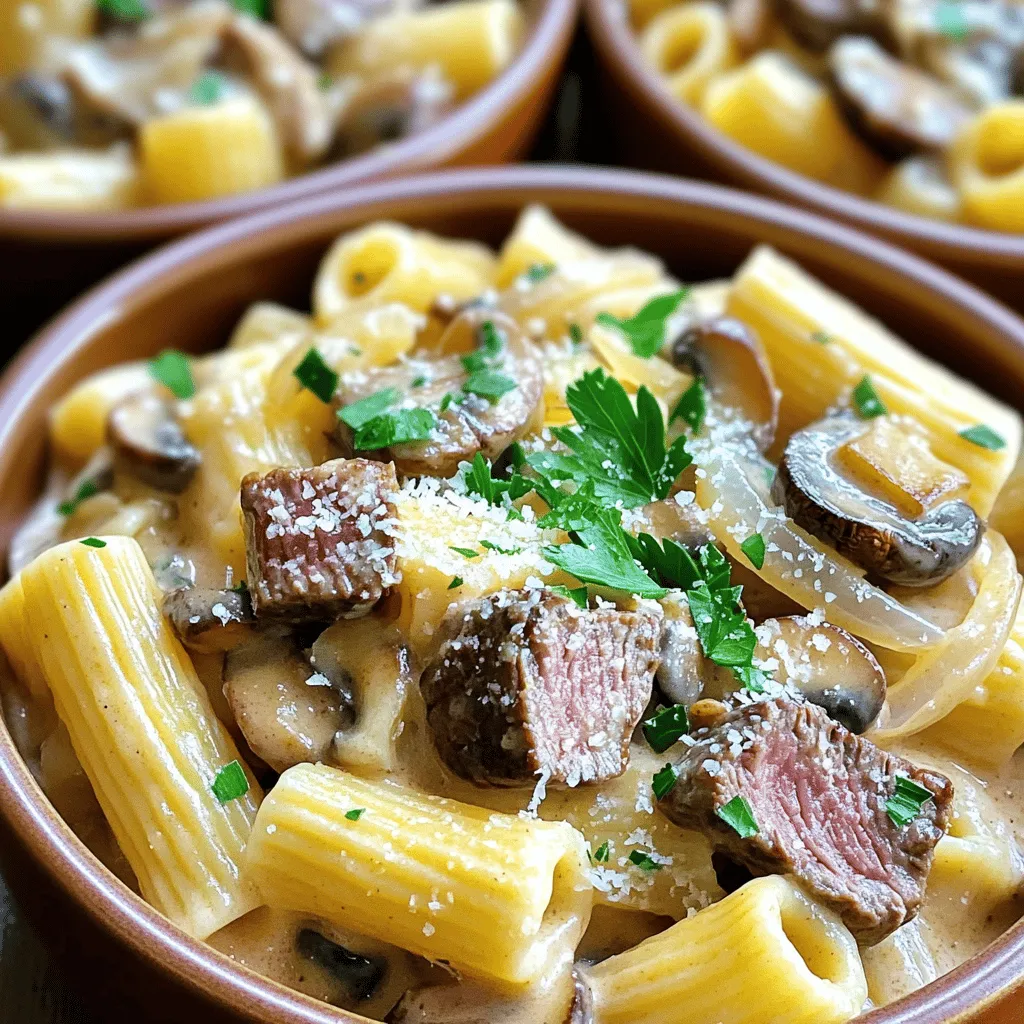To make creamy steak rigatoni, you need a few key ingredients. First, get 12 ounces of rigatoni pasta. This pasta shape holds sauce well, making each bite delicious. Next, choose 1 pound of sirloin steak. Cut it into bite-sized pieces for easy cooking and eating.