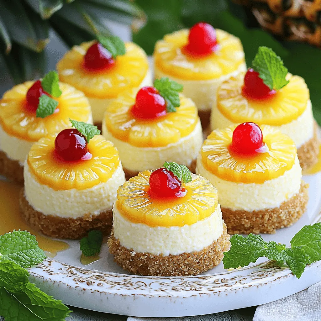 - 1 cup crushed graham crackers - 1/4 cup melted butter - 2 tbsp brown sugar - 8 oz cream cheese, softened - 1/2 cup sugar - 1 tsp vanilla extract - 1/2 cup sour cream - 2 large eggs - 1 can pineapple slices in juice (for topping, drained) - Maraschino cherries (for garnish)