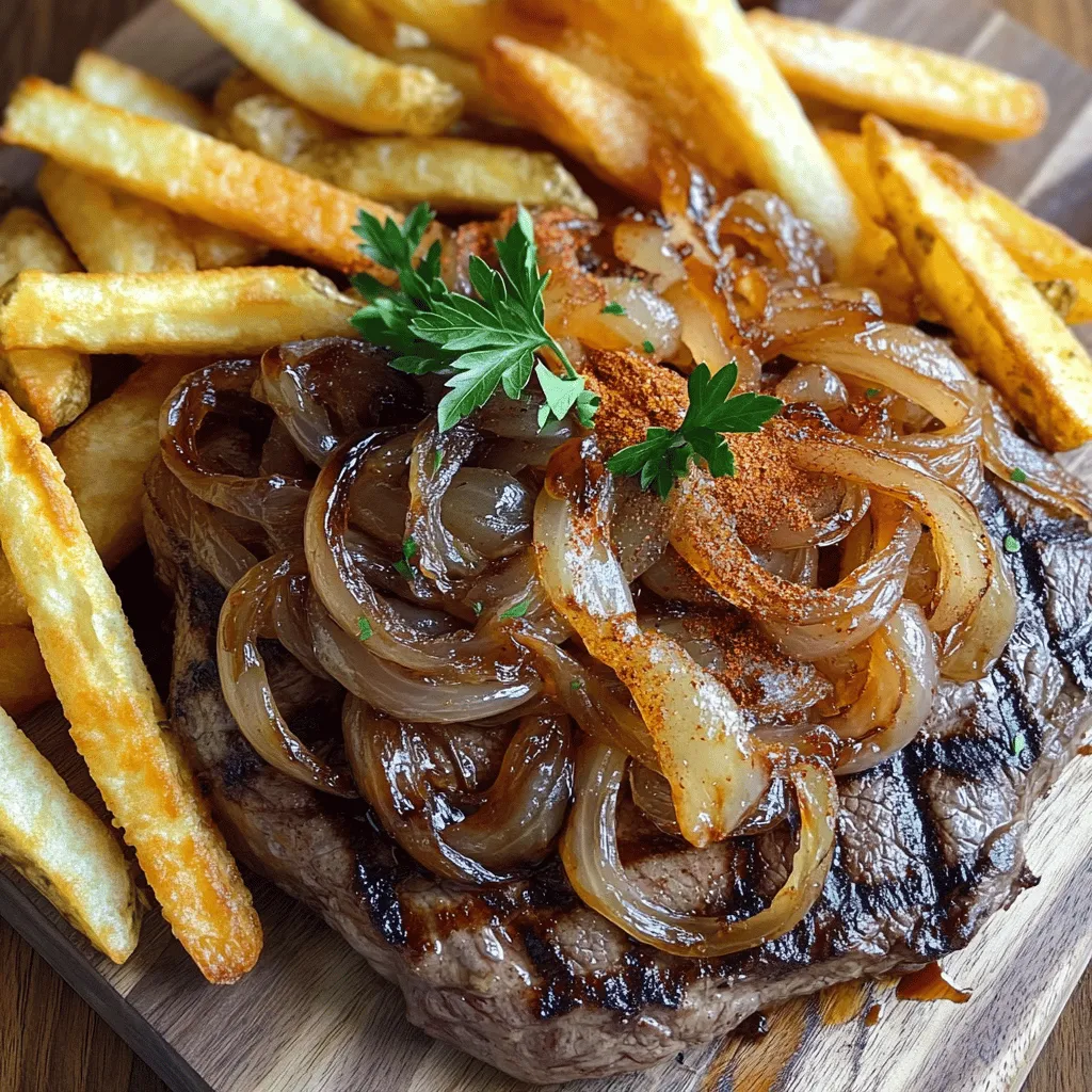 Ribeye Steak with French Onions and French Fries Delight