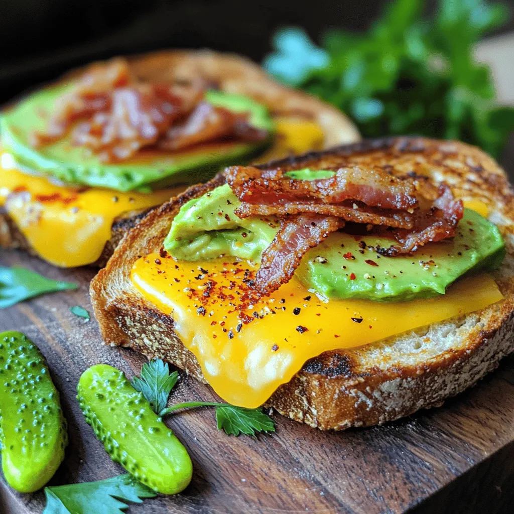 - 2 slices of sourdough bread - 1 ripe avocado, sliced - 4 strips of cooked bacon, crispy - 2 slices of sharp cheddar cheese