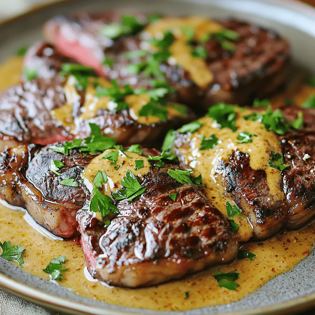 The steak with bourbon garlic cream sauce is all about rich flavors. The star of this dish is the ribeye steak. Its marbling gives it a juicy texture. Season it well with salt and black pepper. This simple step enhances its natural taste.