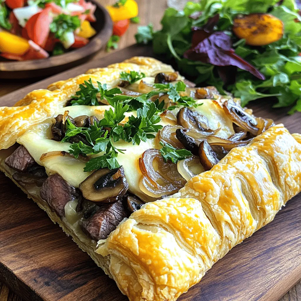 - 1 lb flank steak, thinly sliced - 1 cup mushrooms, sliced (cremini or button) - 1 large onion, finely chopped - 1 cup Gruyere cheese, shredded