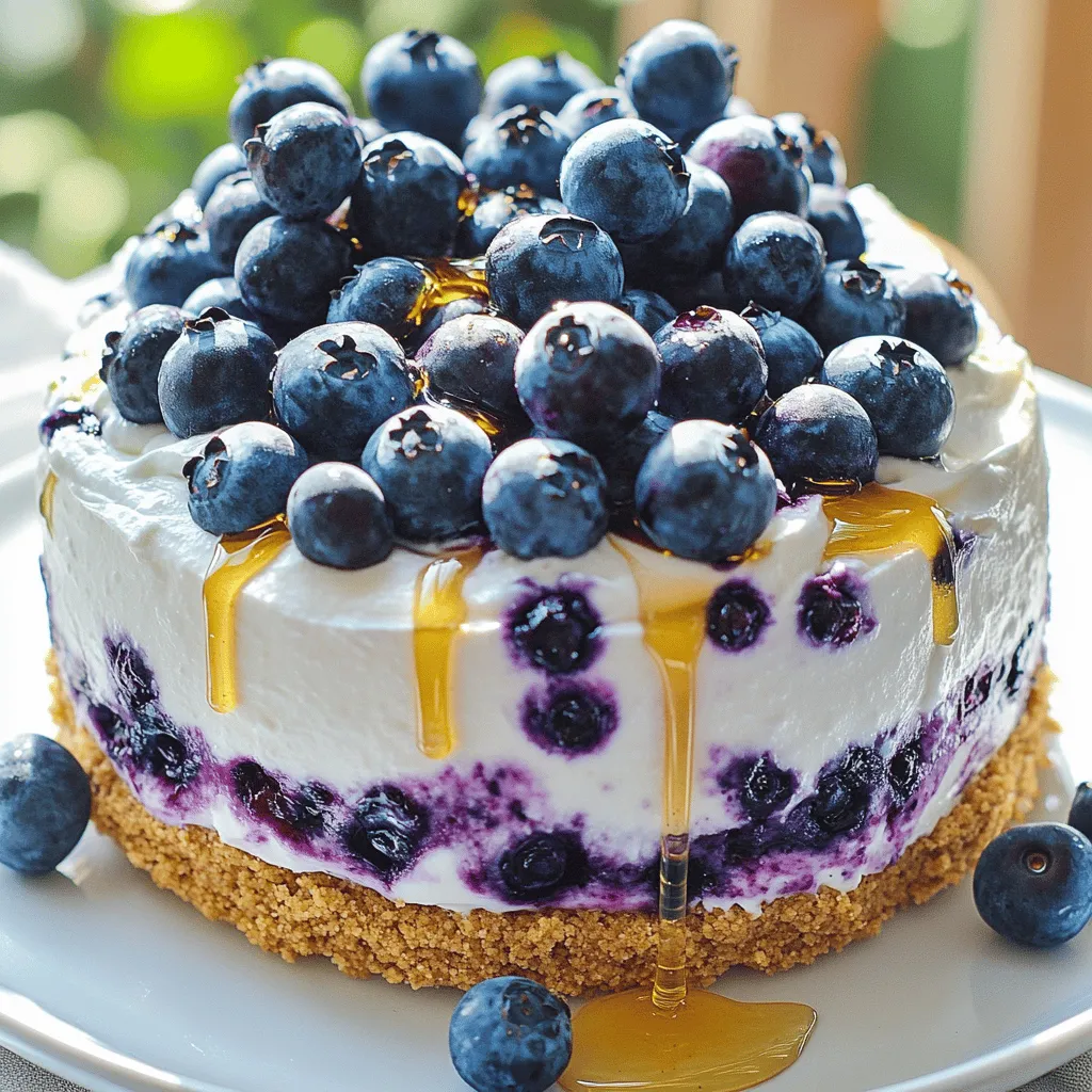 - 2 cups fresh blueberries - 1 cup cream cheese, softened - 1 cup Greek yogurt - 1/2 cup powdered sugar - 1 teaspoon vanilla extract - 1/4 cup lemon juice - 1 1/2 cups crushed graham crackers - 1/3 cup unsalted butter, melted - 1/4 cup honey or maple syrup