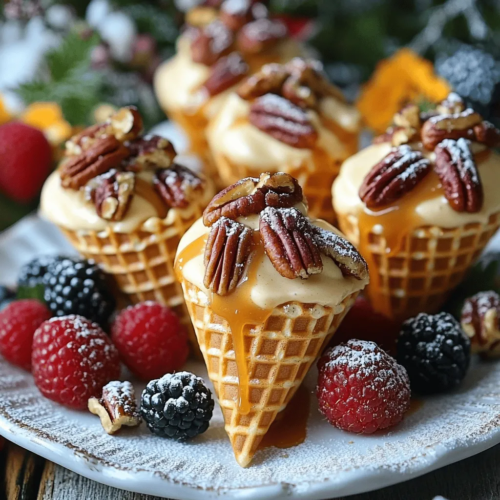 - 1 cup cream cheese, softened - 1/2 cup powdered sugar - 1 teaspoon vanilla extract - 1 cup heavy whipping cream - 1/4 cup caramel sauce - 1/2 cup pecans, chopped - 1/4 cup butter, melted - 1 tablespoon brown sugar - 8 mini waffle cones - Fresh berries (strawberries, blueberries, or raspberries) for garnish