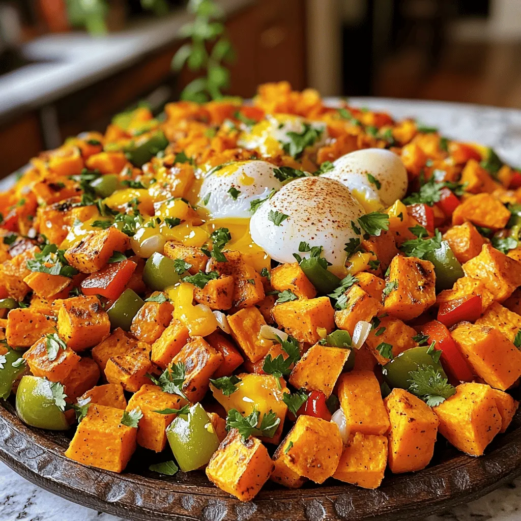 Sweet potato hash is simple, yet full of flavor. The base is sweet potatoes. You need two large sweet potatoes, peeled and diced. They add a natural sweetness and creamy texture.