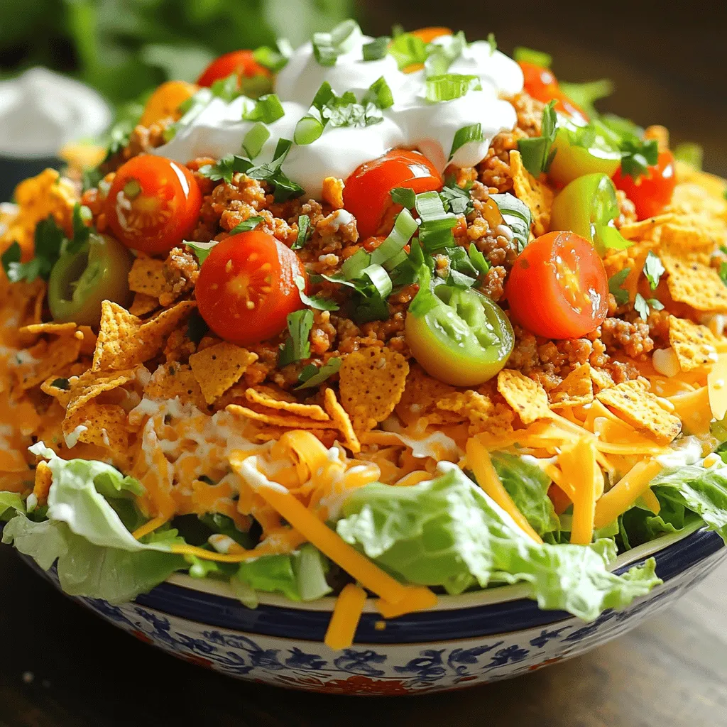 To make your Easy Dorito Taco Salad, gather these tasty ingredients: - 1 bag (10 oz) of Nacho Cheese Doritos, crushed - 1 lb ground beef or turkey - 1 packet taco seasoning - 1 cup cherry tomatoes, halved - 1 cup chunky salsa - 1 cup shredded lettuce - 1 cup shredded cheddar cheese - 1/2 cup sour cream - 1/4 cup green onions, sliced - 1 can (15 oz) black beans, drained and rinsed (optional) - Avocado slices (for garnish, optional)