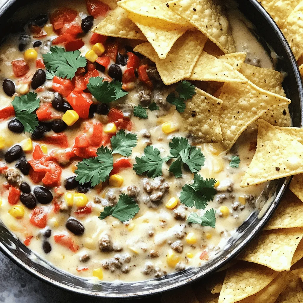 To make the best cowboy queso, you need a few key ingredients. First, ground beef adds a hearty touch. You will need one pound of it. I like to use olive oil to cook the beef. Just one tablespoon will do.