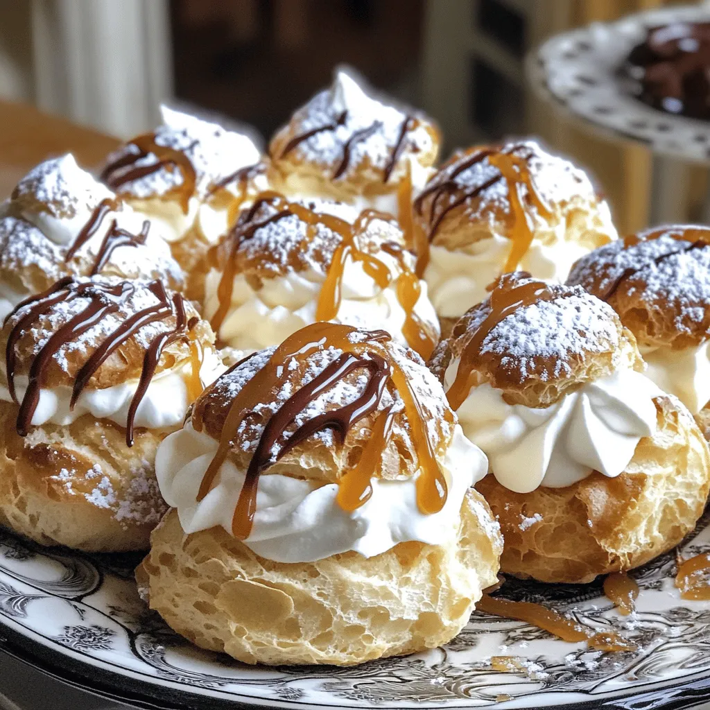 To make heavenly cream puffs, gather these ingredients: - 1 cup water - 1/2 cup unsalted butter - 1 cup all-purpose flour - 1/4 teaspoon salt - 4 large eggs - 1 cup heavy cream - 1/3 cup powdered sugar - 1 teaspoon vanilla extract - Optional: chocolate sauce or caramel drizzle for topping