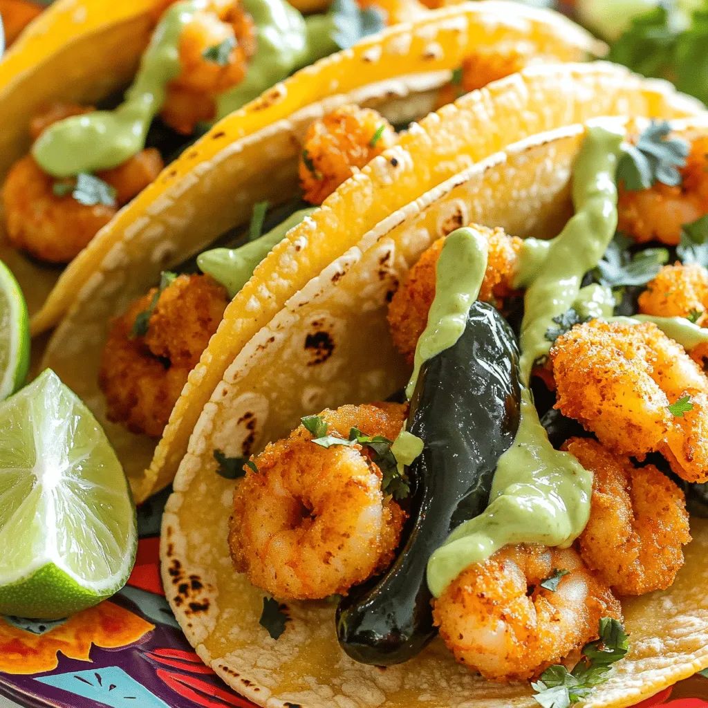 Crispy shrimp tacos are a delight. The main players are fresh shrimp, poblano peppers, and the creamy avocado cilantro sauce. Each ingredient adds its own unique touch.
