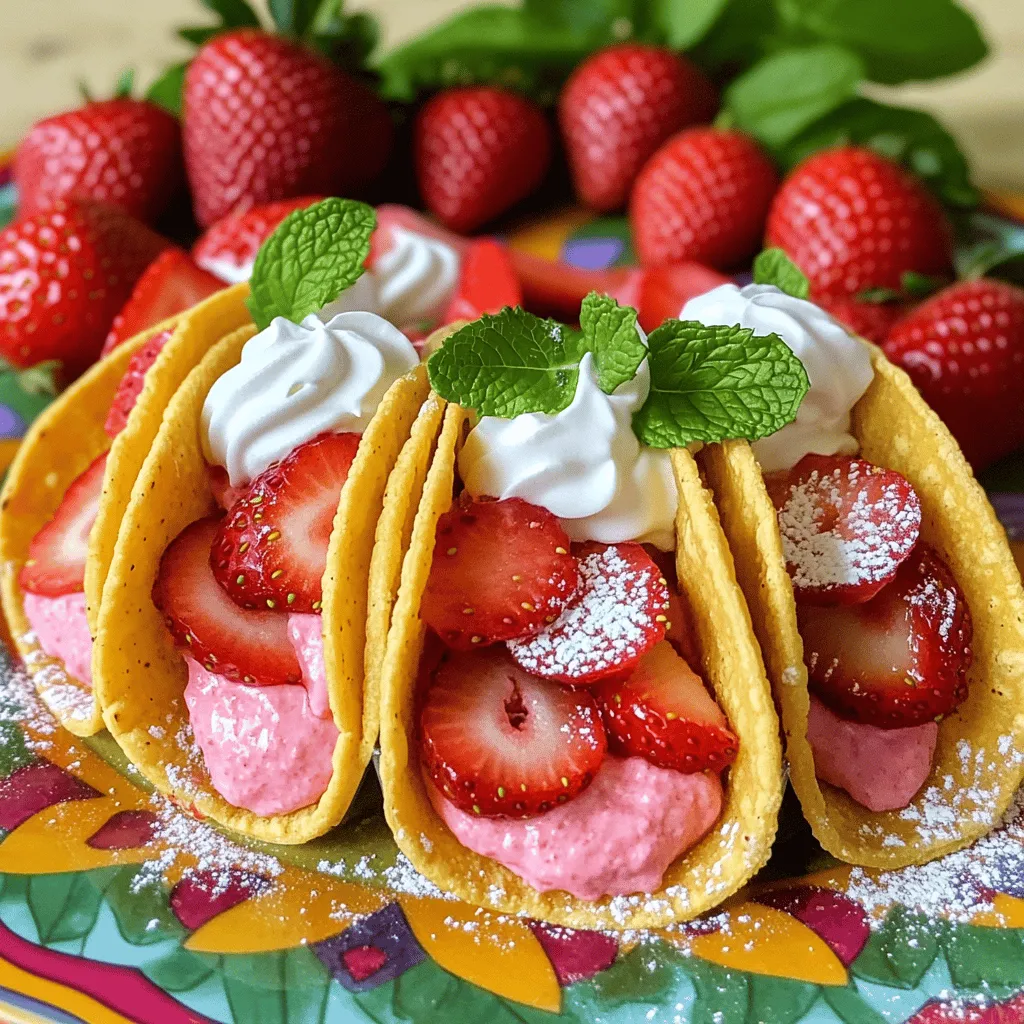 To make delicious strawberry cheesecake tacos, you need a few key ingredients: - 1 cup all-purpose flour - 1/4 cup powdered sugar - 1/4 teaspoon salt - 1/4 cup unsalted butter, melted - 3 tablespoons cold water - 1 cup cream cheese, softened - 1/2 cup granulated sugar - 1 teaspoon vanilla extract - 1 cup fresh strawberries, hulled and sliced - 1 tablespoon lemon juice - 1/2 cup whipped cream (for topping) - Mint leaves (for garnish)