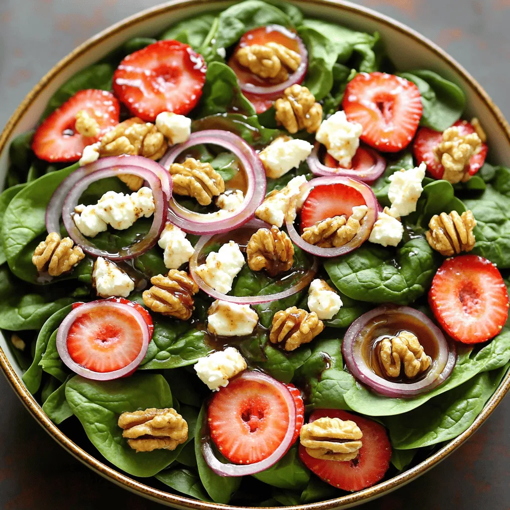 - 4 cups fresh spinach leaves, washed and dried - 1 cup strawberries, hulled and sliced - ½ cup feta cheese, crumbled - ¼ cup walnuts, toasted and roughly chopped - ¼ red onion, thinly sliced