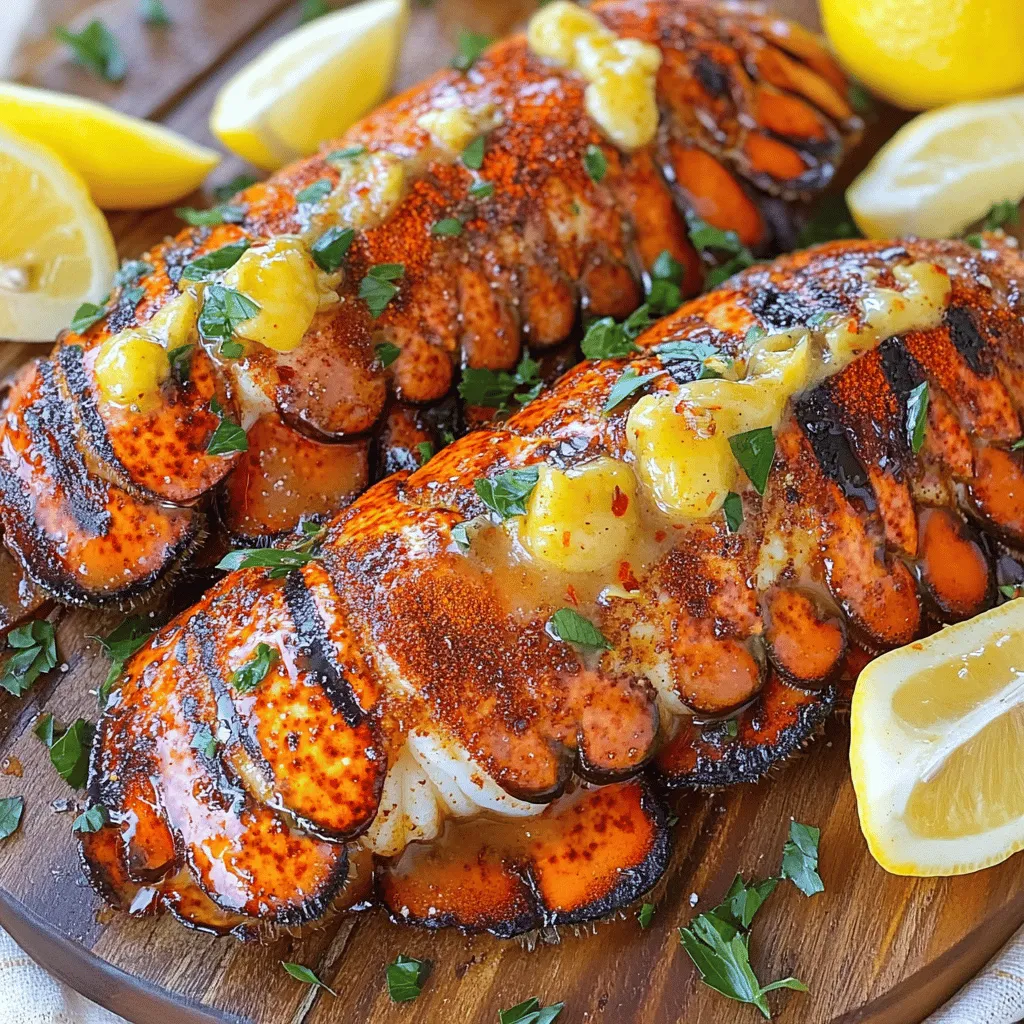 - 4 lobster tails - 1/2 cup unsalted butter, melted - 4 cloves garlic, minced - 2 tablespoons fresh lemon juice - 1 tablespoon Worcestershire sauce - 1 teaspoon smoked paprika - 1 teaspoon onion powder - 1 teaspoon dried parsley - 1/2 teaspoon cayenne pepper (adjust to taste) - Salt and pepper to taste - Lemon wedges, for serving