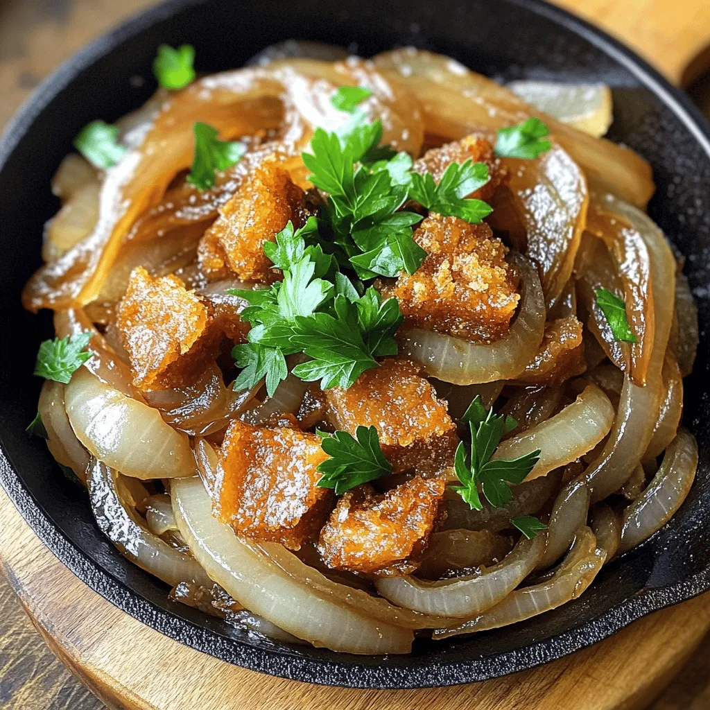 When making savory beer-infused onions with crispy salted pork, you need simple yet bold ingredients. Here’s what you must gather to create this dish: