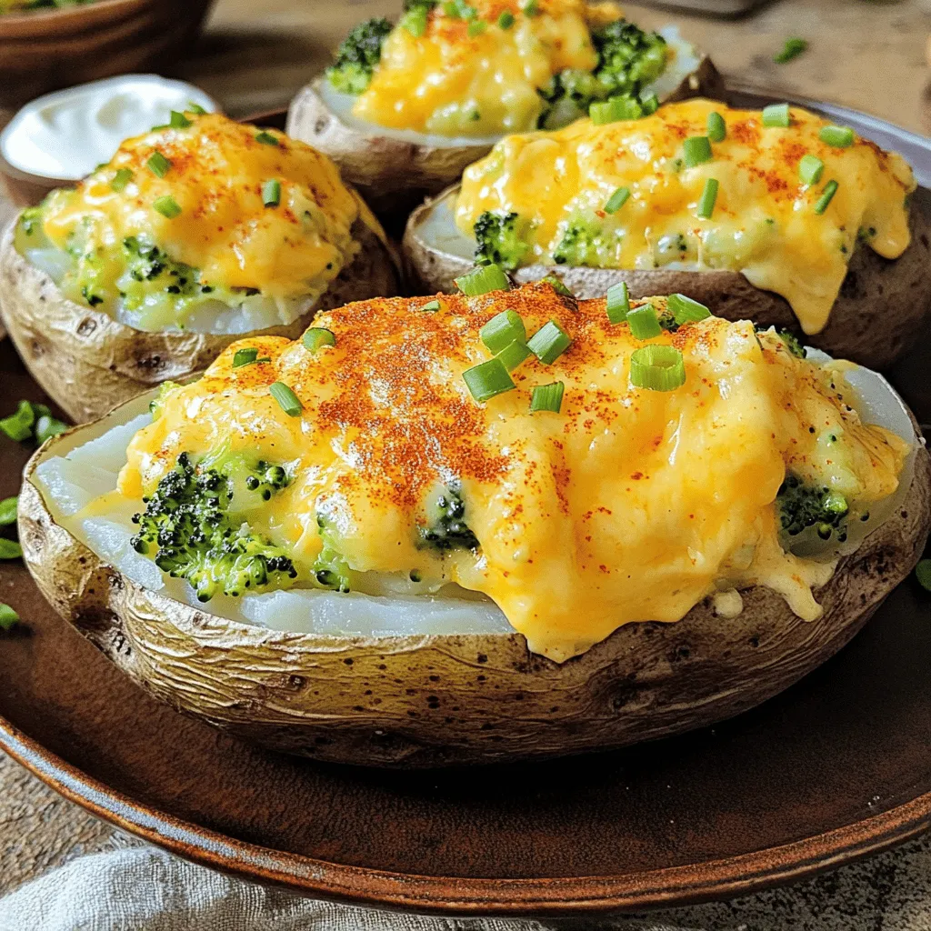 - 4 large russet potatoes - 1 cup fresh broccoli florets - 1 cup shredded sharp cheddar cheese - ½ cup sour cream - ¼ cup milk - 2 tablespoons butter - 2 green onions, sliced - Salt and pepper to taste - Paprika for garnish