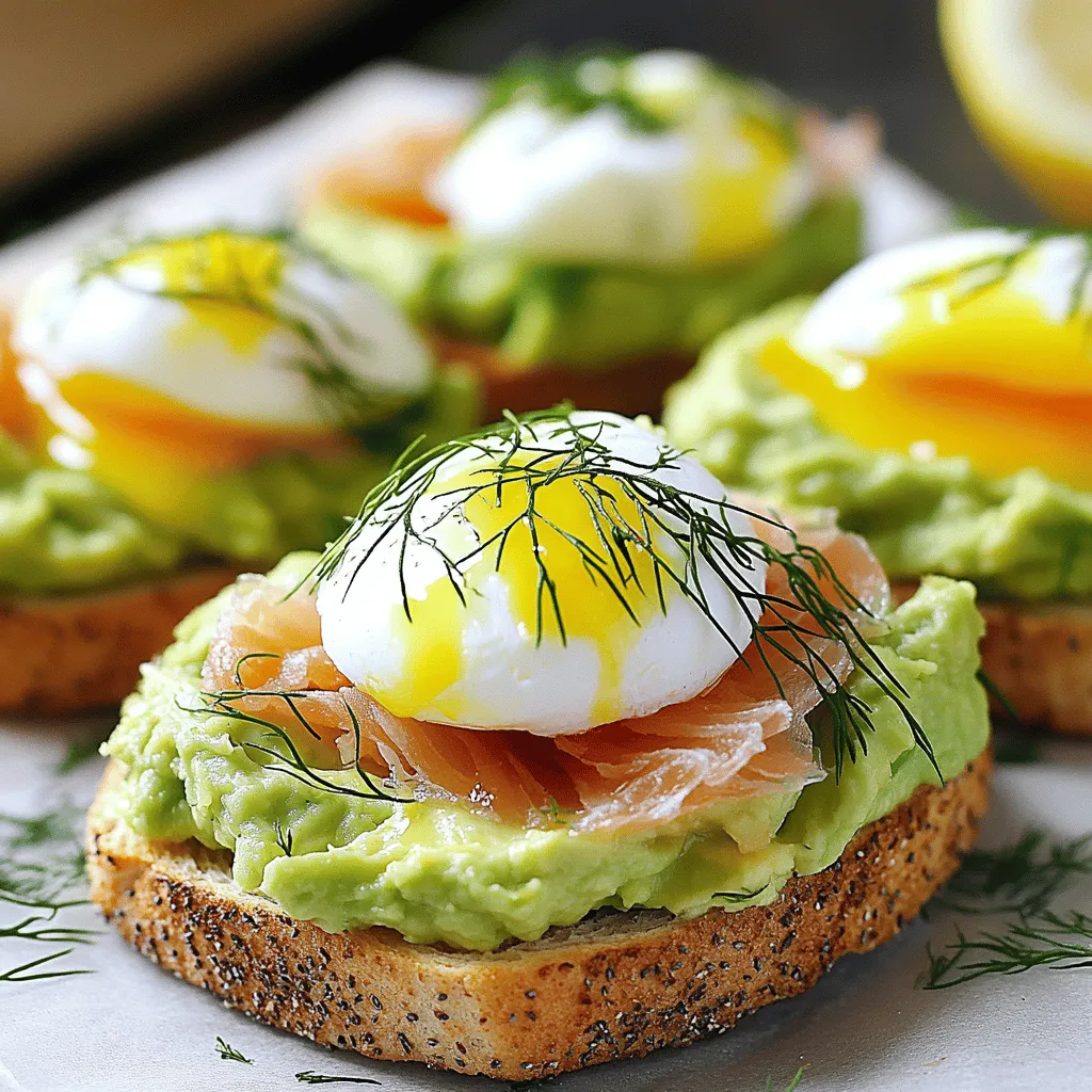- 2 large eggs - 1 ripe avocado, mashed - 100g smoked salmon - 2 whole grain English muffins, split in half - 1 tablespoon white wine vinegar - 1 tablespoon butter - Salt and pepper to taste - Fresh dill, for garnish
