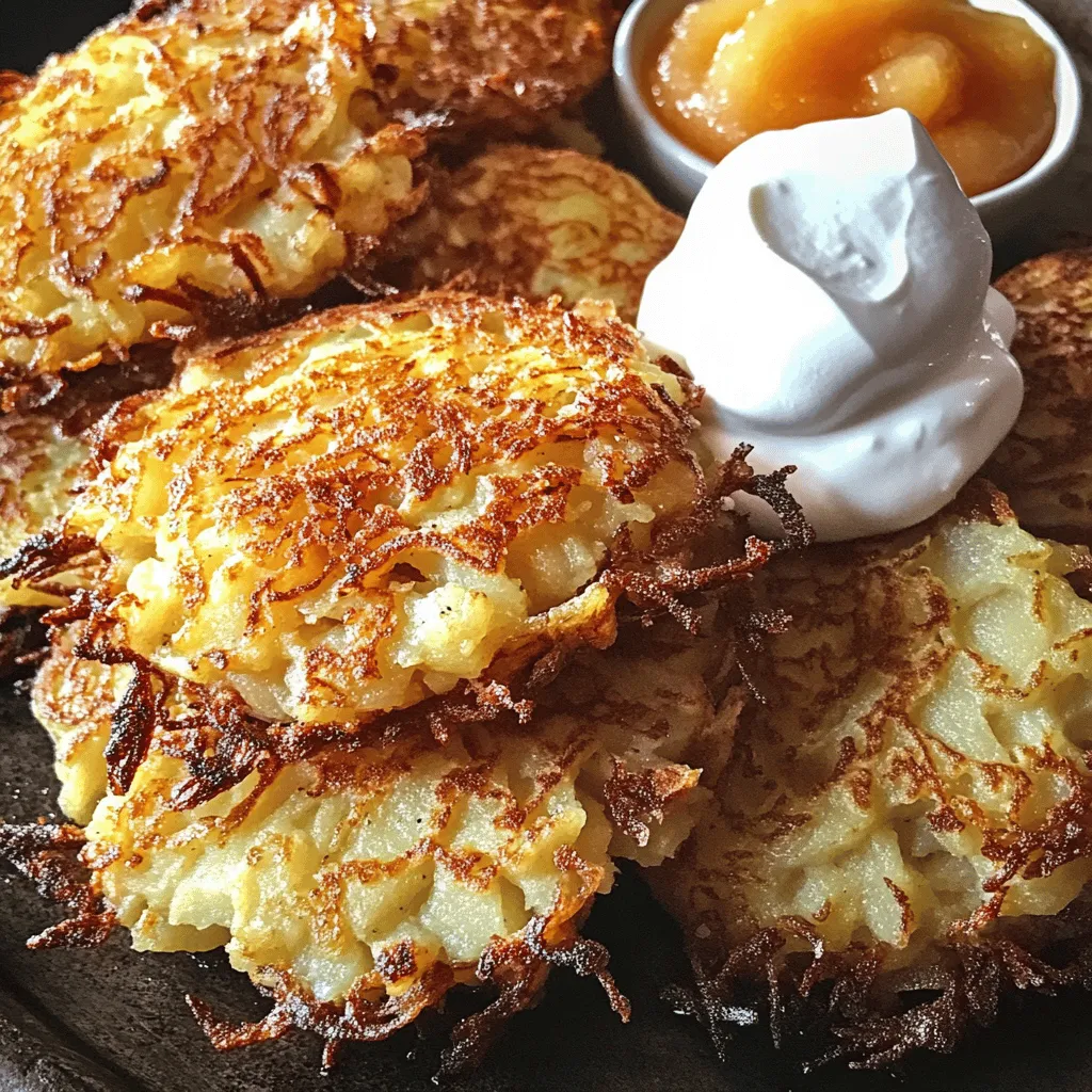 - 4 medium-sized russet potatoes - 1 small onion - 2 large eggs - 1/4 cup all-purpose flour - 1 teaspoon baking powder - Salt and pepper to taste - 1 teaspoon garlic powder (optional) - 1/4 cup vegetable oil (for frying) - Applesauce or sour cream for serving (optional)