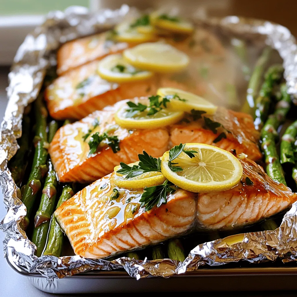 Baked Salmon in Foil with Asparagus and Lemon Garlic Sauce