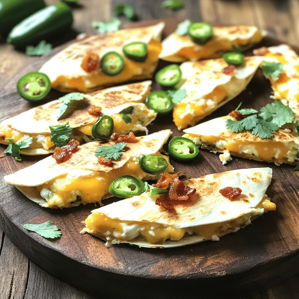 To make jalapeno popper quesadillas, start by gathering your ingredients. You will need large flour tortillas, cream cheese, sharp cheddar cheese, mozzarella cheese, diced jalapeños, bacon bits (if you like), garlic powder, onion powder, and cilantro. This mix gives great flavor and texture.