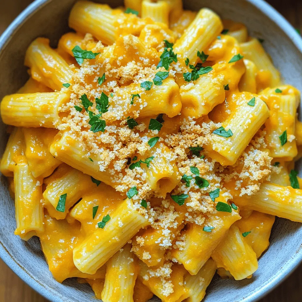 For my pumpkin and gruyere rigatoni, I use simple yet flavorful ingredients. The star of the dish is rigatoni pasta. Its tube shape holds the creamy sauce well. I choose 12 ounces for a hearty serving. Next, I add one cup of pumpkin puree. This gives the dish a smooth texture and a warm, sweet taste.