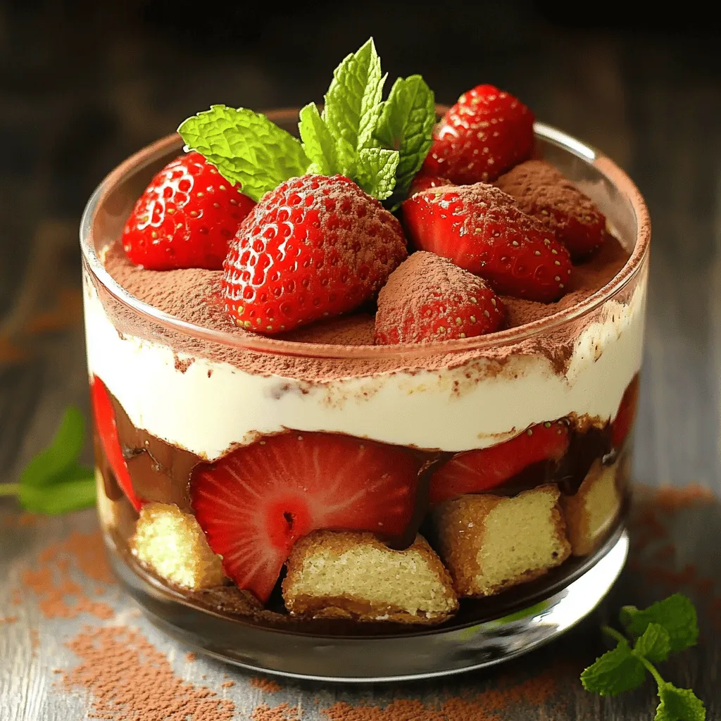 - 2 cups fresh strawberries, hulled and sliced - 1 cup heavy cream - 8 oz mascarpone cheese - 1/2 cup powdered sugar - 1 teaspoon vanilla extract - 1 cup strong brewed coffee, cooled - 2 tablespoons honey (optional) - 24 ladyfinger cookies - Cocoa powder, for dusting - Fresh mint leaves, for garnish