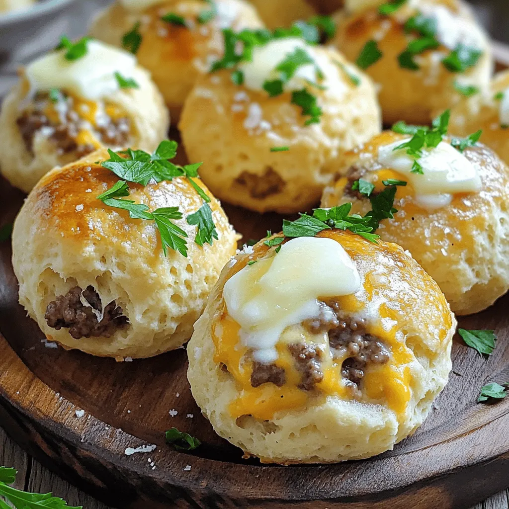 To make Garlic Parmesan Cheeseburger Bombs, follow these simple steps. First, gather all your ingredients. You will need ground beef, cheddar cheese, Parmesan cheese, garlic powder, onion powder, black pepper, salt, biscuit dough, melted butter, and parsley for garnish.