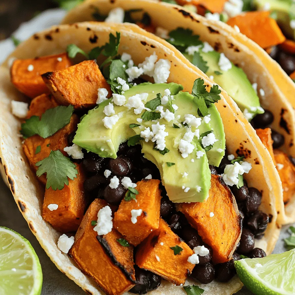 - 2 medium sweet potatoes, peeled and diced - 1 can (15 oz) black beans, rinsed and drained - 8 small corn tortillas