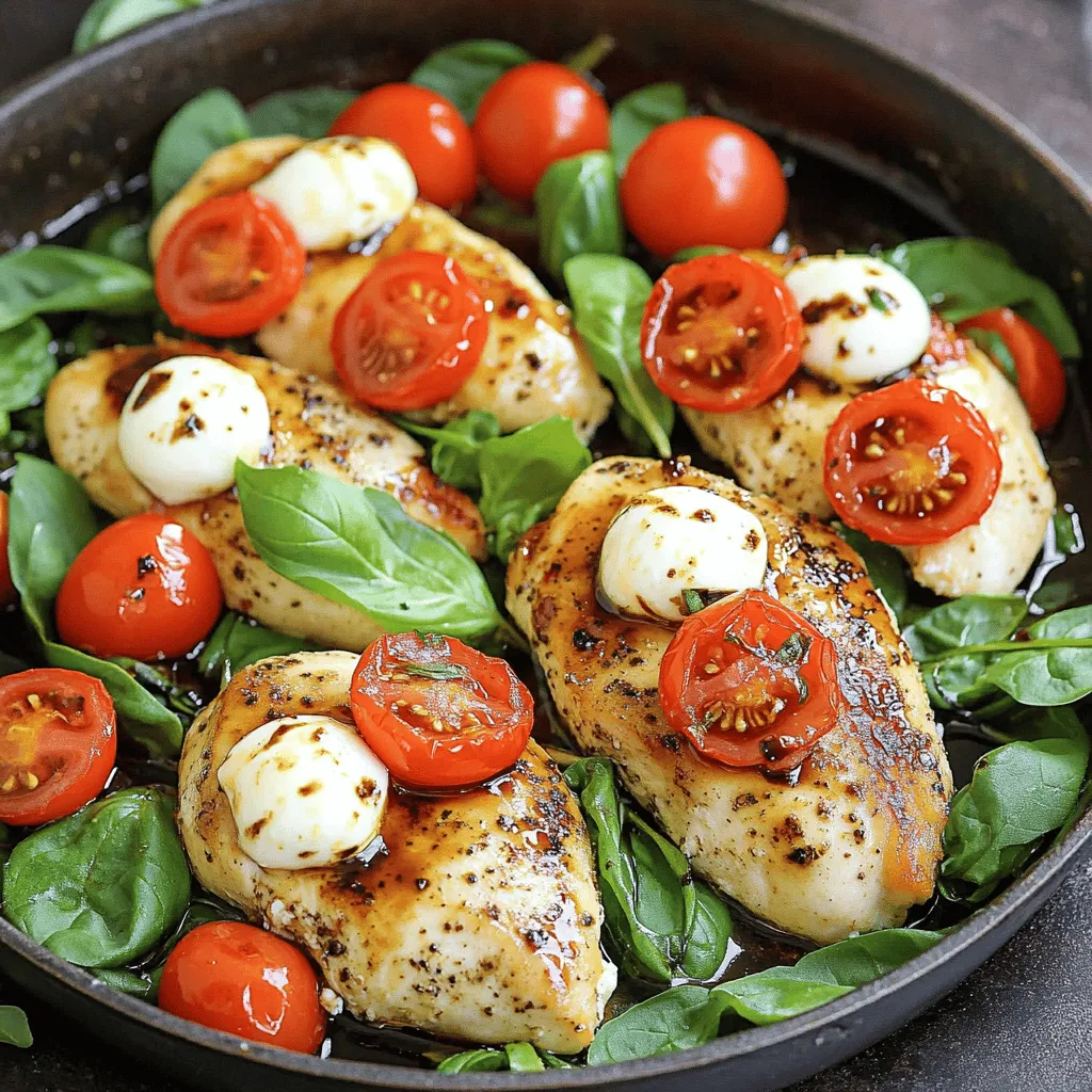 For this Chicken Caprese Skillet, you need a few key items: - 2 boneless, skinless chicken breasts - 1 cup cherry tomatoes, halved - 1 cup fresh mozzarella balls, halved - 2 cups fresh spinach leaves - 3 cloves garlic, minced - 1 tablespoon balsamic vinegar - 2 tablespoons olive oil - 1 teaspoon dried basil - Salt and pepper to taste - Fresh basil leaves for garnish