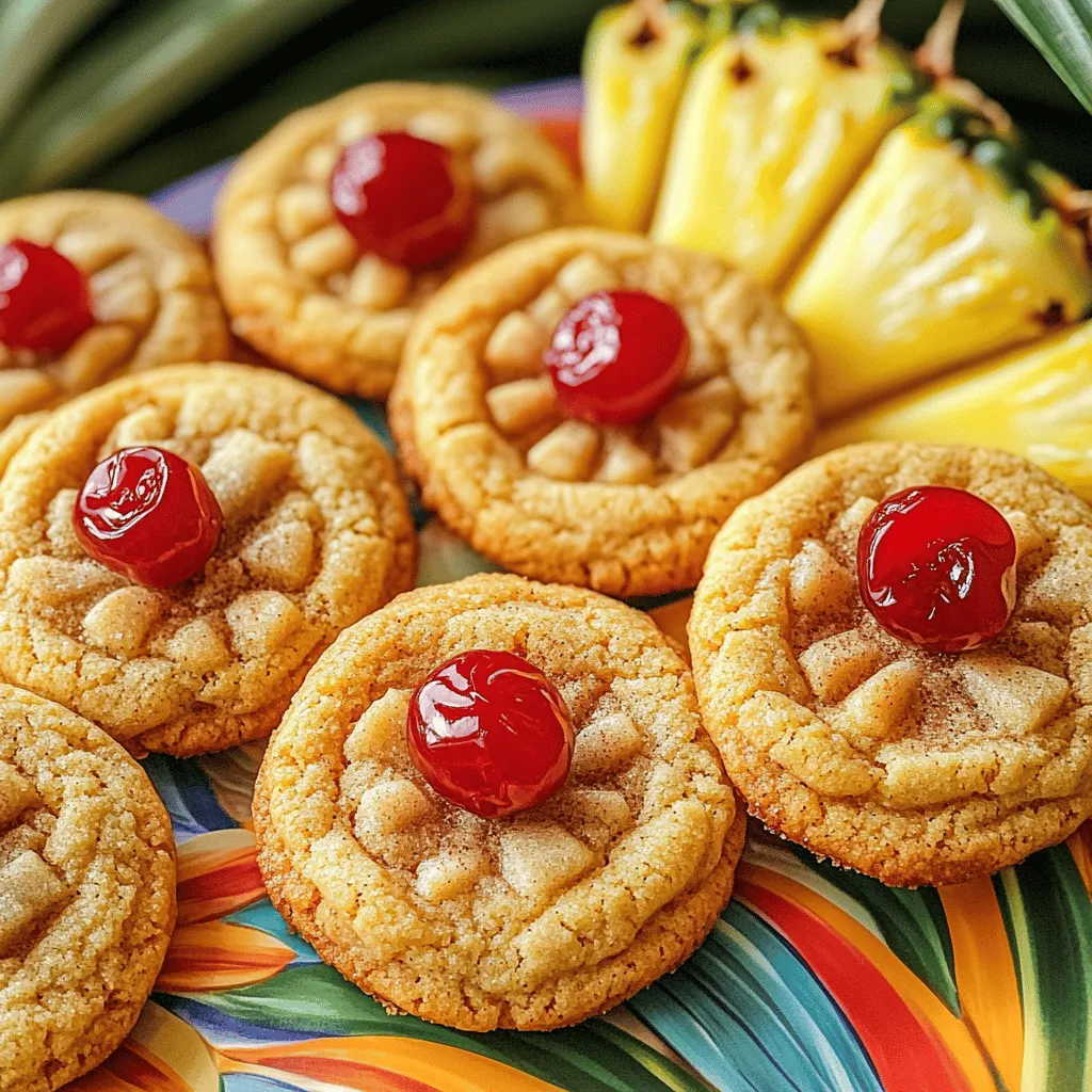 For my Pineapple Upside-Down Cookies, you will need: - 1 cup unsalted butter, softened - 1 cup brown sugar, packed - 2 large eggs - 2 teaspoons vanilla extract - 2 cups all-purpose flour - 1 teaspoon baking soda - 1/2 teaspoon salt - 1 cup crushed pineapple, drained - 1/2 cup maraschino cherries, halved - 1 cup chopped walnuts (optional) - 1 teaspoon cinnamon (for sprinkling)