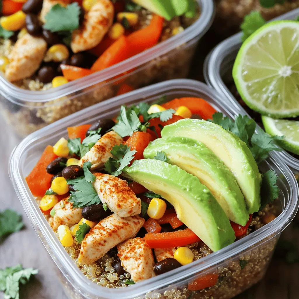 - 1 cup quinoa - 1 lb chicken breast, diced - 1 red bell pepper, diced - 1 cup corn kernels (frozen or fresh) - 1 avocado, sliced