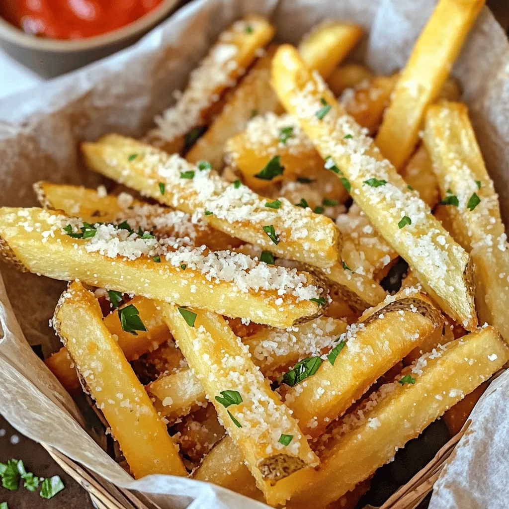 To make air fryer garlic parmesan fries, you need some simple ingredients. First, grab four large Russet potatoes. These potatoes give the fries a great texture. You will also need three tablespoons of olive oil and four cloves of minced garlic. Parmesan cheese adds a nice flavor, so use half a cup of grated cheese. For seasoning, get garlic powder, onion powder, paprika, salt, and pepper.