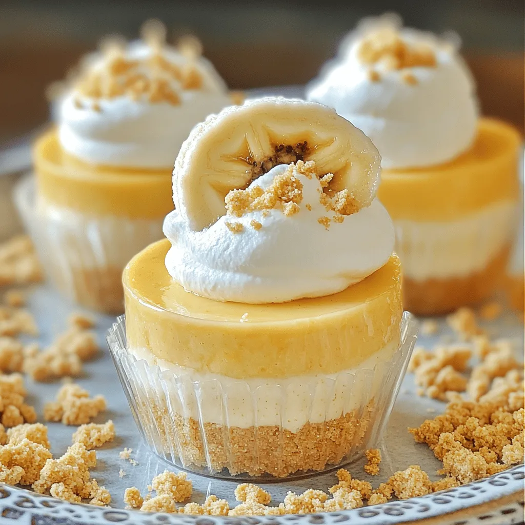 To make irresistible mini banana pudding cheesecakes, you need key ingredients. First, for the crust, you need graham cracker crumbs, sugar, and melted butter. These create a sweet and crunchy base.