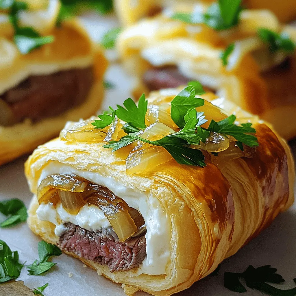 French onion beef roll-ups are a tasty snack that packs a punch. They combine tender beef, rich caramelized onions, and creamy cheese. When you serve these at a party, they will surely impress your guests.