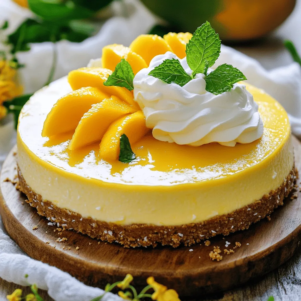 The main ingredients for tropical mango cheesecake include graham cracker crumbs, coconut, and cream cheese. Each ingredient plays a big part in flavor and texture.