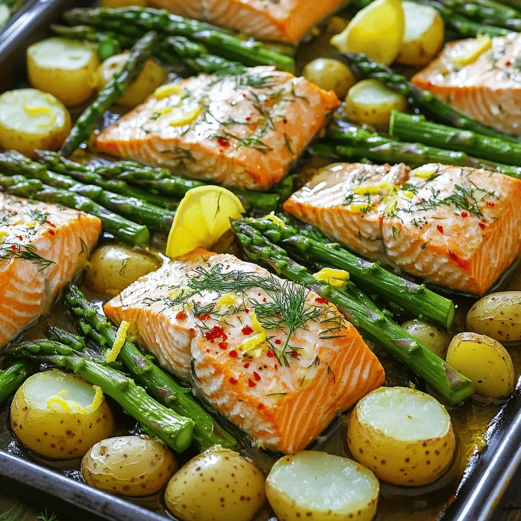 The key ingredients for this dish are simple yet full of flavor. You need four salmon fillets, a bunch of asparagus, and one pound of baby potatoes. Each ingredient plays a crucial role in making this meal special.