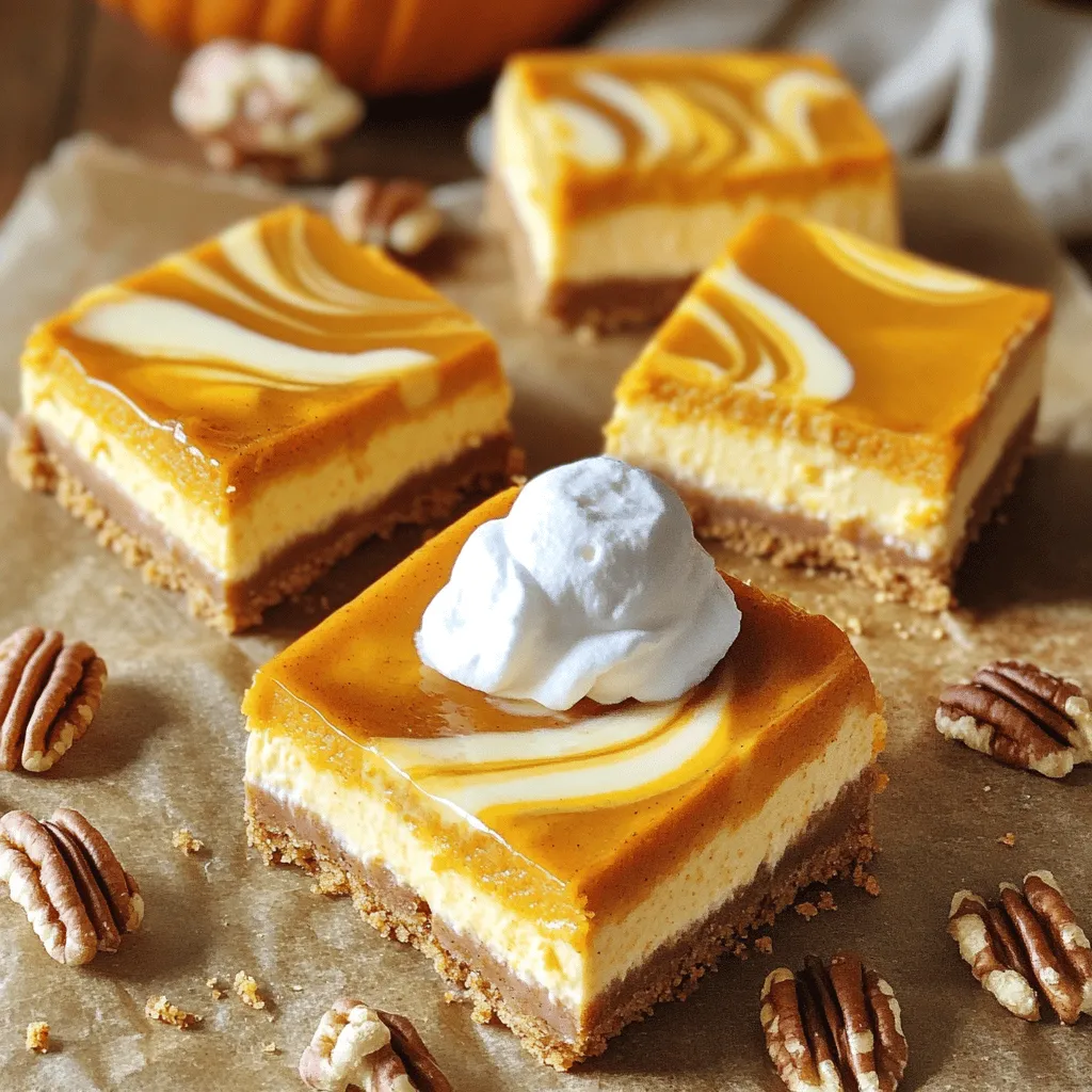 For pumpkin cheesecake bars, you need these items: - 1 ½ cups graham cracker crumbs - ½ cup unsalted butter, melted - ¼ cup granulated sugar - 16 oz cream cheese, softened - 1 cup canned pumpkin puree - 1 cup powdered sugar - 2 large eggs - 1 teaspoon vanilla extract - 1 teaspoon ground cinnamon - ½ teaspoon ground nutmeg - ¼ teaspoon ground ginger - ¼ teaspoon salt - Optional: Whipped cream and pecans for topping