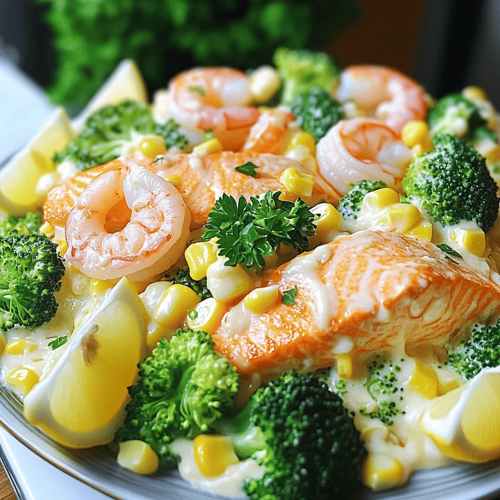 To make Salmon, Shrimp, Cheesy Broccoli with Corn, you need a few key ingredients. Start with two salmon fillets that weigh about six ounces each. Next, grab eight ounces of shrimp, peeled and deveined. For veggies, you’ll need two cups of fresh broccoli florets and one cup of sweet corn, which can be fresh or frozen. The cheese mix requires one cup of shredded cheddar cheese and half a cup of cream cheese that is softened. Don’t forget two cloves of garlic, a tablespoon of olive oil, and seasonings like smoked paprika, salt, and pepper. Lastly, you’ll need a tablespoon of lemon juice and some fresh parsley for garnish.