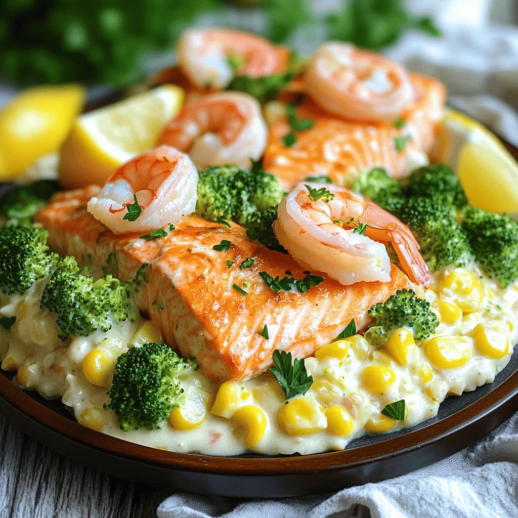 Salmon, Shrimp, Cheesy Broccoli with Corn Delight