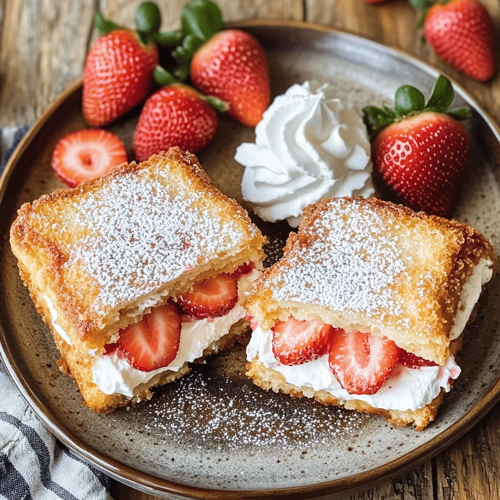 Fried strawberry cheesecake sandwiches are sweet, crispy treats. They consist of creamy cheesecake filling tucked between two slices of thick bread. The filling blends cream cheese, powdered sugar, and fresh strawberries. Frying the sandwiches gives them a golden, crunchy crust.