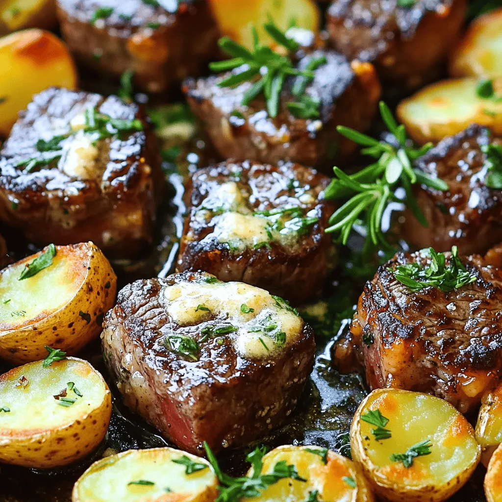 To make garlic butter steak bites, you need quality ingredients. Start with 1 pound of sirloin steak. Cut it into bite-sized cubes. This cut is tender and flavorful. Next, grab 1 pound of baby potatoes. Halve them for even cooking. You will also need 4 tablespoons of unsalted butter. This gives richness to the dish. For flavor, use 4 cloves of minced garlic. Fresh herbs like rosemary and thyme add depth. Don’t forget salt and pepper for seasoning. Each ingredient plays a key role in taste.
