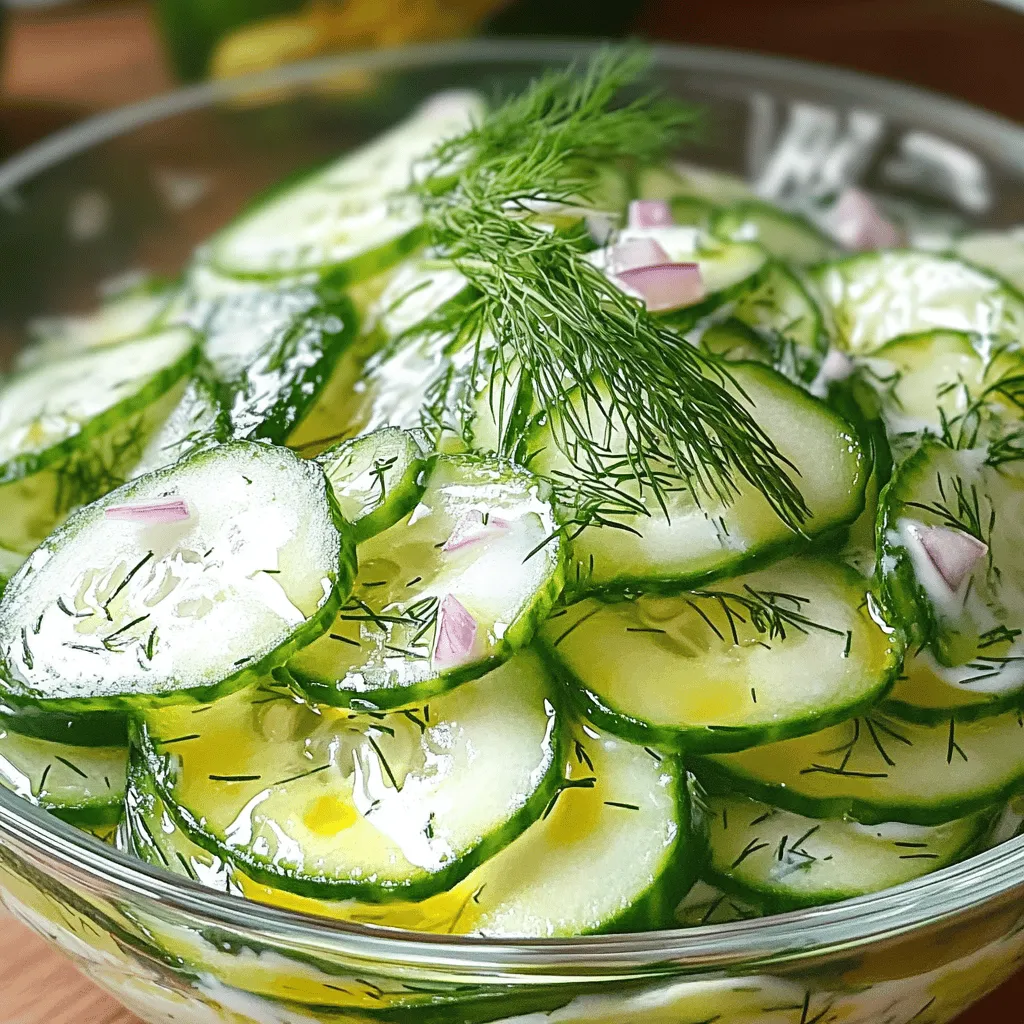 - 3 medium cucumbers, thinly sliced - 1 cup Greek yogurt - 2 tablespoons fresh dill, finely chopped - 1 clove garlic, minced - 1 tablespoon lemon juice - 1 tablespoon olive oil - Salt and pepper to taste - 1/4 cup red onion, finely diced - 1/2 teaspoon sugar (optional)