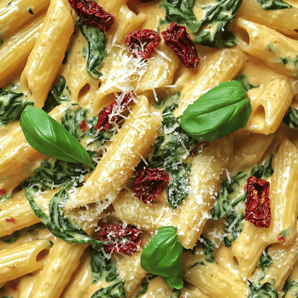 To make this dish, you need some key ingredients: - 8 oz (225g) pasta (penne or fusilli work well) - 2 tablespoons olive oil - 3 cloves garlic, minced - 1 cup sun-dried tomatoes, chopped (in oil) - 4 cups fresh spinach, well washed - 1 cup heavy cream (or a plant-based equivalent) - ½ cup grated Parmesan cheese (or nutritional yeast for a vegan option) - Salt and pepper to taste - Fresh basil leaves for garnish