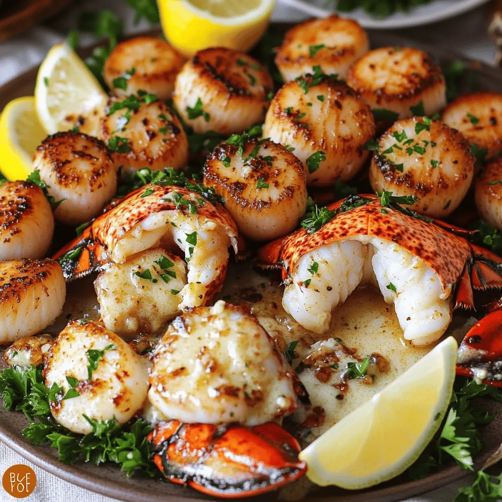 The heart of a garlic butter lobster tail and scallops feast lies in its fresh ingredients. You will need two lobster tails and eight large sea scallops. Both seafood items bring a sweet and rich flavor to the dish.