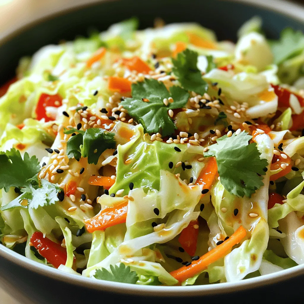 To make an easy spicy cabbage salad, you need fresh and colorful ingredients. First, use 4 cups of green cabbage, finely shredded. This will be the base of your salad. Next, add 1 cup of carrot, julienned, and 1 red bell pepper, thinly sliced. These add crunch and sweetness.
